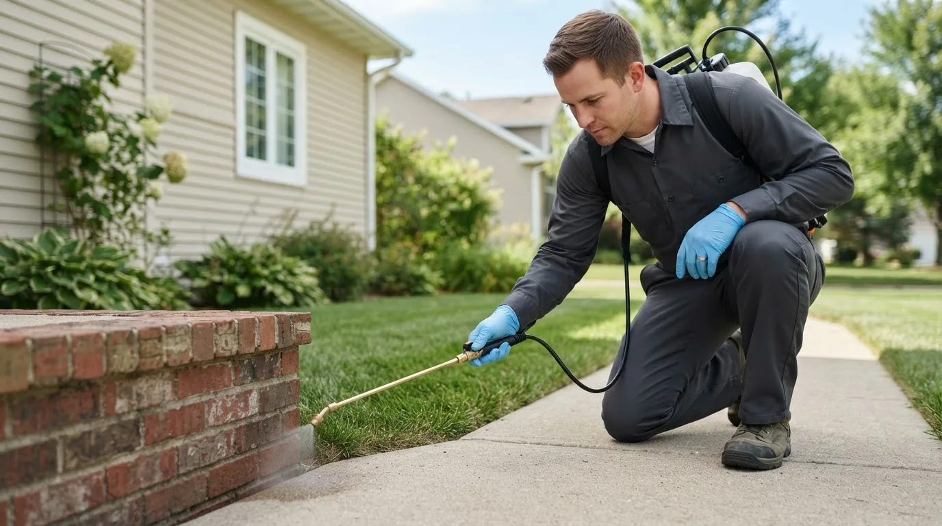 Pest control technician treating a home near Falls Mills, VA